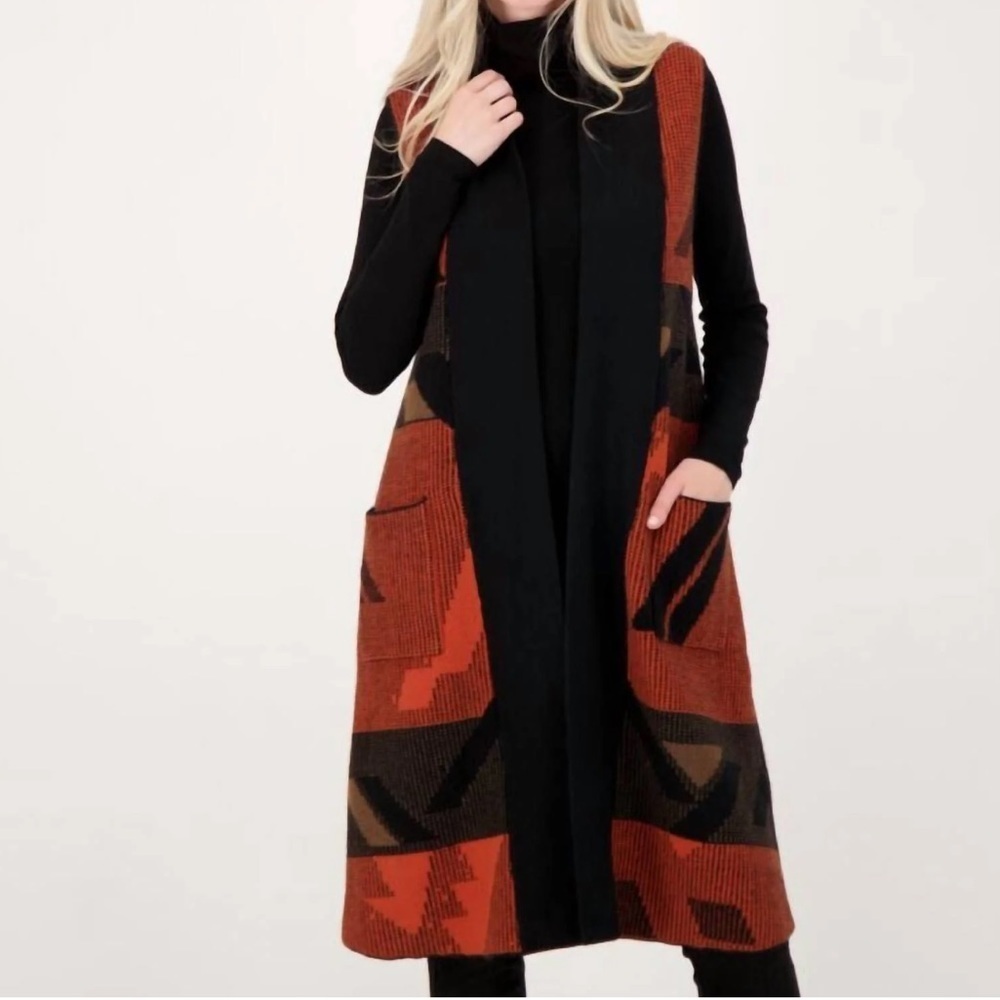 Gabby Isabella Penny Knit Duster Open Front Vest in Copper and Black Size S